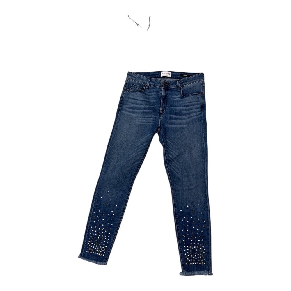 Parker Smith Womens Skinny Med Wash Denim Jeans Rhinestone Raw Edge 30x25